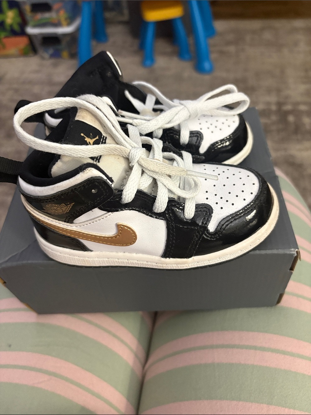 Jordan Kids Black, White & Gold High-Top Sneakers - Picture 3 of 5